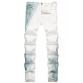 Men's slim fit white jeans with artistic blue spray paint splatter design on white background - EU 30 / White