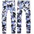 Slim fit men's street graffiti print jeans showing front and back views on white background - EU 38 / Graffiti Printed Style (8837#)