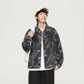 Men's slim-fit dark grey washed denim jacket with white floral embroidery and lapel collar - M / Black