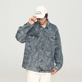 Men's slim fit blue denim jacket featuring all-over white embroidery and lapel collar - M / Blue