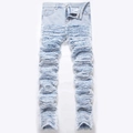 Men's light blue distressed jeans featuring heavy fringe embroidery and frayed edges - EU 40 / Light Blue (8862#)