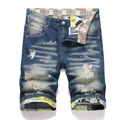 Mens vintage slim fit denim shorts with distressed ripped holes and whiskered blue finish - EU 30 / Medium Wash Blue (668#)