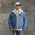 Giacca di jeans blu da uomo con colletto in sherpa bianco e fodera in pile caldo - M / Blu