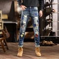 Jeans slim blu da uomo con ricami patchwork e dettagli graffiti in stile streetwear - EU 38 / Stile Toppa Strappata Resistente Blu Scuro (N5019#)