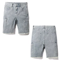 Front and back view of light blue washed denim cargo shorts with distressed frayed hems - 38 / Bottoms / Light Gray