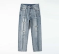 Men's light blue distressed jeans in wide leg straight cut with ripped denim detail - EU 28 / Light Blue