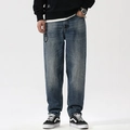 Lockere Herren-Straight-Jeans in Vintage-Blau mit Stickereiaufnäher Nummer 7 im Street-Style - EU 28 / Dunkelblau