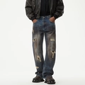 Jean en denim délavé rétro pour hommes, coupe droite ample avec détails déchirés - EU 28 / Bleu Délavé Vieilli