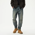Mid-blue vintage washed cargo jeans for men featuring quilted knee panels and a relaxed fit - EU 28 / Washed Blue (C9052#)