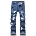Jeans blu stile punk slim fit con toppe a croce in pelle e chiusura a bottoni - EU 29 / Blu