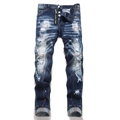 Distressed slim fit dark blue men's jeans with paint splatters and heavy ripped details - 38(54) / Blue