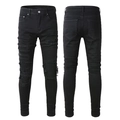 Men's slim-fit street fashion black distressed biker jeans with ripped patches and pleats - EU 29 / Black