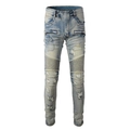 Dettaglio dei pannelli Moto usurati e tasca con zip in metallo sui jeans denim blu chiaro - EU 28 / Azzurro