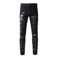 Slim fit black denim jeans with leather star patches and distressed knee details for men - EU 29 / Black