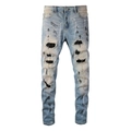 Herren Slim Fit Distressed Blue Jeans mit Patchwork-Details und Farbspritzern - EU 28 / Hellblau