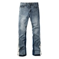 Men's retro color block flared jeans in mid blue wash with patchwork denim side panels - L/32 / Tricolor Patchwork (9326)