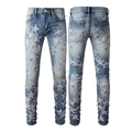 Jeans slim blu chiaro con strappi sulle ginocchia e toppe a stella a scacchi blu - 28 / Stile Toppa A Stella A Quadri Blu Chiaro (874)
