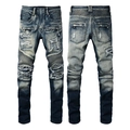 Men's distressed biker jeans in dark blue wash featuring pleated knee panels and patches - EU 38 / Light Blue