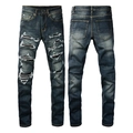 Retro slim fit men's distressed blue jeans with textured black biker patches - EU 28 / Dark Blue