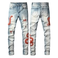 Jeans slim da uomo azzurri slavato con ricamo serpente rosso e dettagli strappati - EU 38 / Stile Ricamo Serpente Rosso Blu Chiaro (6809)