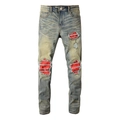 Slim fit lichtblauwe jeans met distressed gaten en rode paisley-patroon patches - EU 38 / Lichtblauw