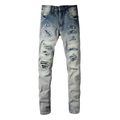 Slim fit γαλάζιο τζιν με σκισίματα, μπαλώματα και ασπρόμαυρη ριγέ εσωτερική επένδυση - EU 38 / Ανοιχτό μπλε
