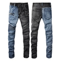 Jeans da uomo stile biker slim fit con pannelli blu e neri e dettagli elastici a pieghe - EU 38 / Patchwork Blu Nero