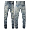 Front and back view of men's distressed slim-fit blue jeans with American street style - Light Blue Acid Wash Distressed Style (9310)