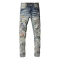 Slim fit light blue distressed jeans for men with colorful patchwork and ripped details - EU 29 / Light Blue