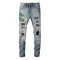 Jeans slim blu chiaro da uomo con strappi e ricamo a forma di serpente verde vivace - EU 28 / Azzurro