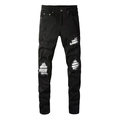 Jean noir coupe slim pour hommes avec patchwork à rayures blanches et détails déchirés - EU 28 / Noir