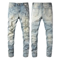 Jeans slim da uomo con strappi effetto distressed e spruzzi di vernice in stile vintage - EU 28 / Azzurro