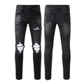 Jean slim noir pour hommes au style rétro avec délavage usé et détails déchirés - EU 28 / Noir