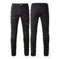 Herren Slim Fit Jeans in Schwarz mit Destroyed-Effekten und gefalteten Flicken im Streetstyle - EU 38 / Schwarzer Heavy Craft Distressed Stil(8520)