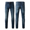 Macro detail of dark blue slim jeans showing whiskered fading and high-quality denim texture - EU 38 / Deep Blue (6601)