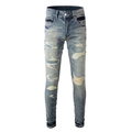 Jeans slim da uomo celeste con toppe strappate ed effetto lavaggio a baffo alla moda - EU 28 / Azzurro