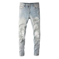 Slim fit lichtblauwe herenjeans met vintage slijtageplekken, patches en snorhaareffect - EU 28 / Blauw