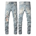 Schmal geschnittene Herren-Jeans mit blauem Farbverlauf und Vintage-Patchwork-Details - EU 31 / Blau