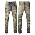 Slim-Jeans für Herren in gelber Retro-Waschung mit Schlangenstickerei und Destroyed-Effekten - EU 38 / Vintage Heavy Wash Schlangenmuster-Stil (6611)