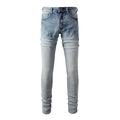 Men's slim fit stretch denim jeans in light blue with distressed cat-whisker wash detail - EU 28 / Light Blue