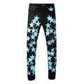Detail of star patches and ripped denim texture on slim fit black street fashion jeans - EU 28 / Black With Light Blue Star Patch Style (896)