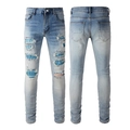 Jeans slim blu da uomo con dettagli di toppe a pois e design strappato alla moda - EU 38 / Stile Blu Chiaro Slim Strappato (6566)