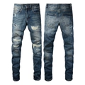 Men's slim fit ripped denim jeans in dark blue wash with professional distressed details - Deep Blue Washed Distressed Style (9309)