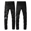 Men's black slim fit ripped jeans with distressed denim details and whisker wash effects - EU 29 / Black