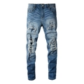 Jeans blu slim fit consumati con lavaggio vintage e dettagli patch in PU di stile - EU 28 / Azzurro