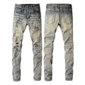 Jeans slim blu da uomo con schizzi di vernice graffiti e toppe a righe alla moda - EU 28 / Azzurro