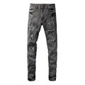 Men's retro slim fit distressed grey jeans with paisley patchwork and ripped detailing - EU 30 / Black