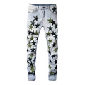 Slim fit light blue distressed jeans with multi-color leather star patches and high-street style - EU 28 / Light Blue Multi-Color Star Patch Style