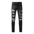 Detail der schmal geschnittenen schwarzen Jeans mit bunten Paisley-Patches und Riss-Details - EU 34 / Schwarz