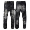 Men's American high street loose straight-leg work jeans with distressed vintage black wash - EU 28 / Black and Gray